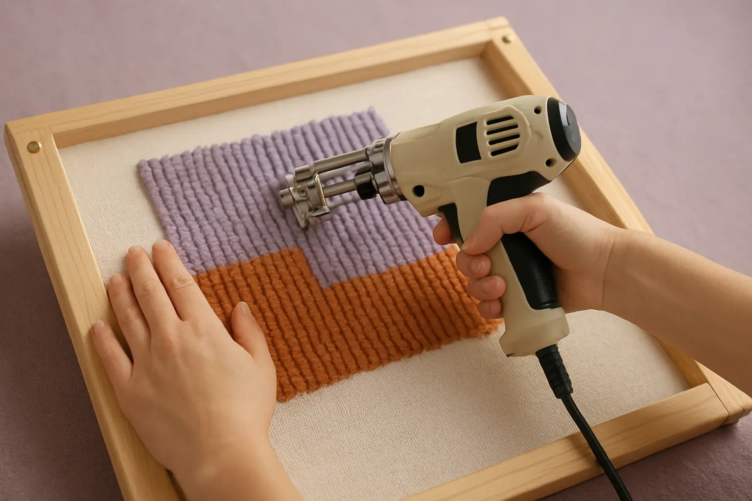 Illustration of step 4: Step 4: Fill the design in orderly rows Keep the machine base flat against the cloth and work in the manufacturer-recommended direction. Space rows consistently and pause when the cloth begins to distort.