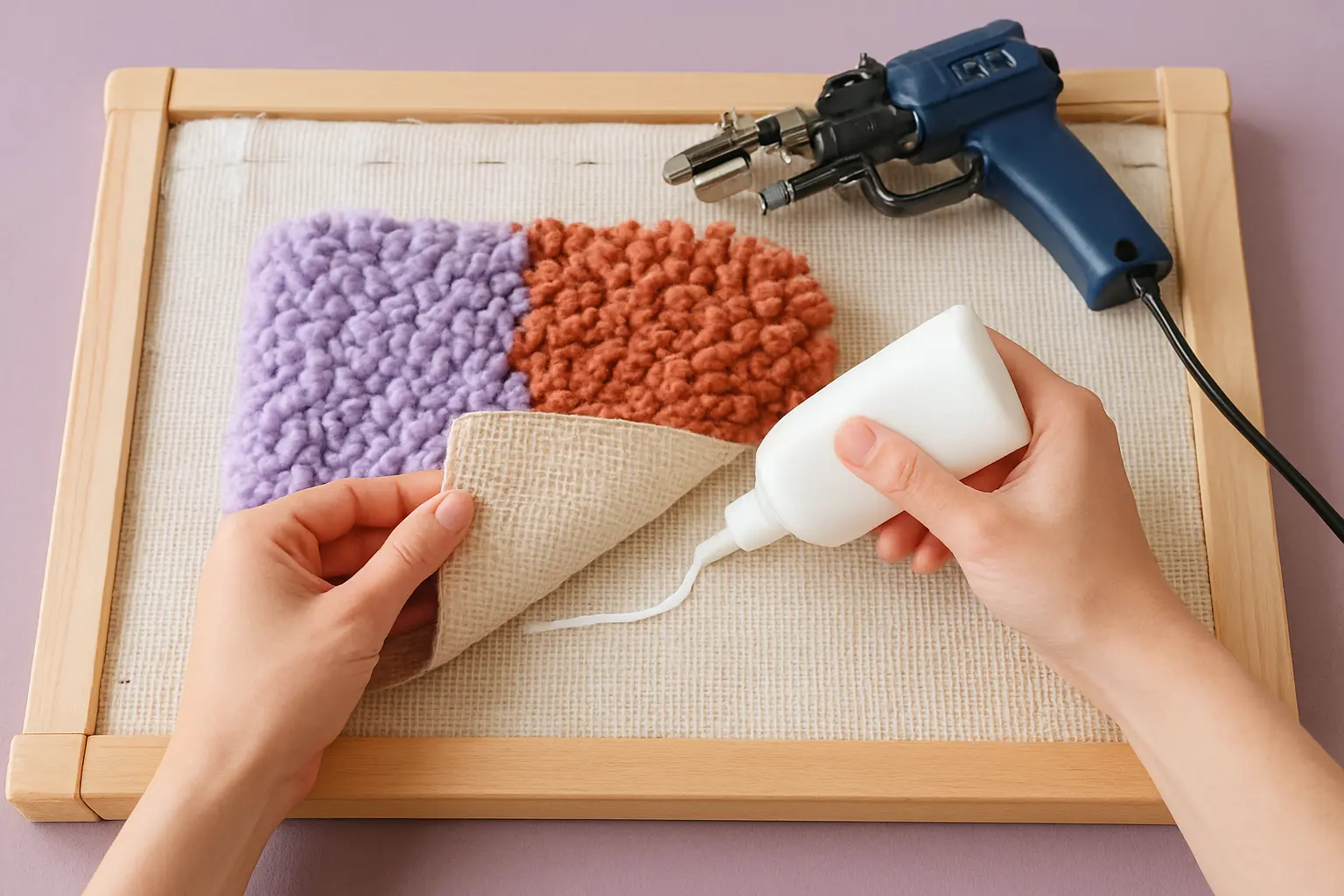 Illustration of step 5: Step 5: Secure the tufts with suitable backing adhesive Stop tufting, inspect the back, and apply an appropriate adhesive following the product’s ventilation, coverage and drying guidance. Let it cure fully before removing the rug.
