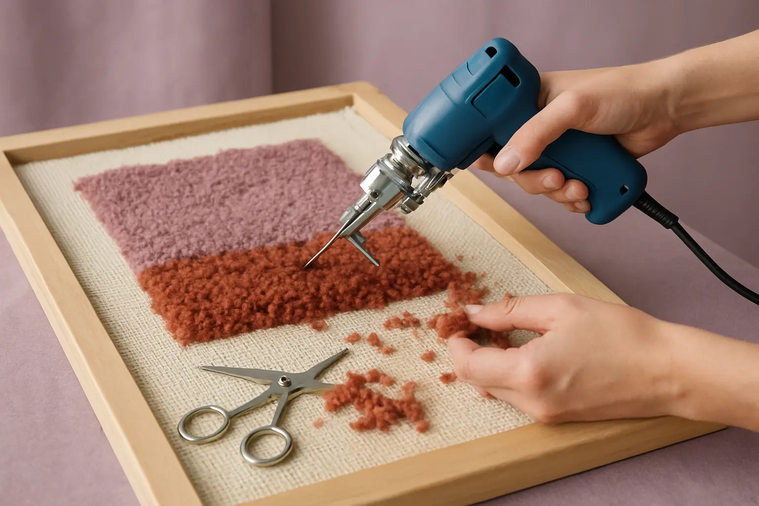 Illustration of step 6: Step 6: Add secondary backing and tidy the pile Trim the perimeter, attach any required secondary backing and carefully remove stray fibers. If sculpting cut pile, shave gradually rather than cutting large amounts at once.