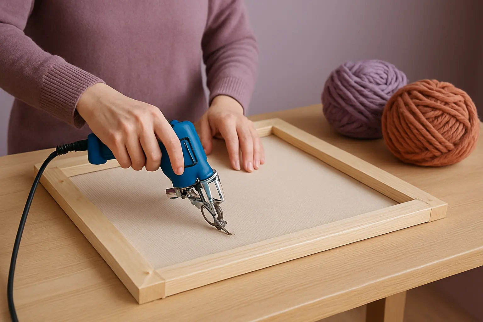 Illustration of step 1: Step 1: Choose the frame location Use a stable workbench or structure that cannot tip when light pressure is applied. Leave enough clearance behind the fabric for the moving needle.