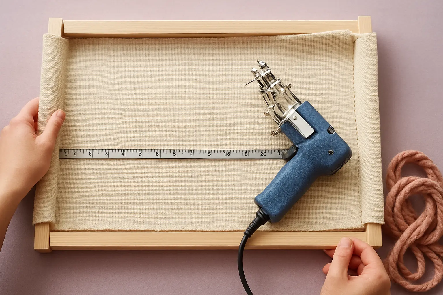 Illustration of step 3: Step 3: Measure the cloth with margins Cut primary cloth generously enough to wrap around the grippers and allow retensioning. Do not size it to the finished rug dimensions alone.