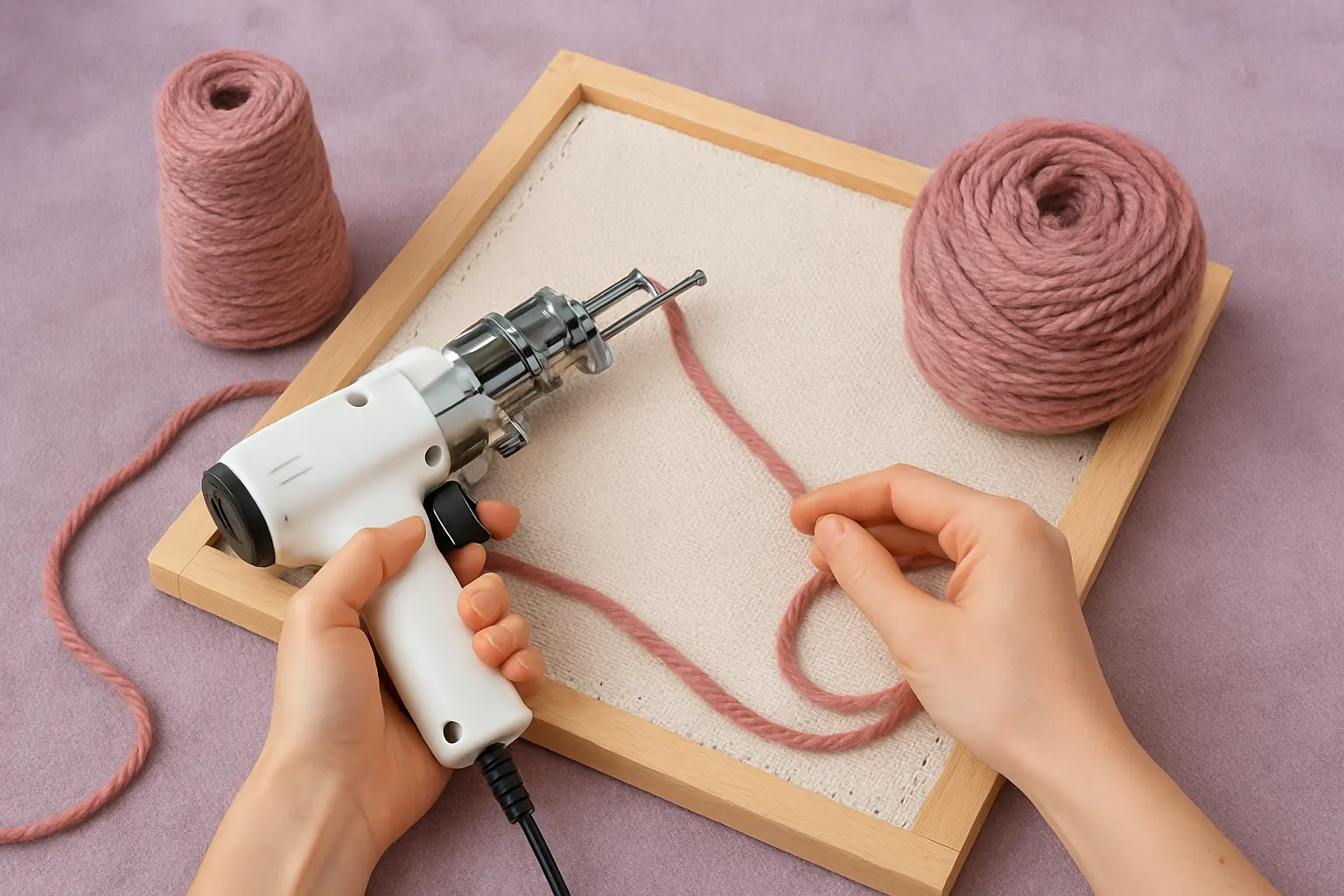Illustration of step 2: Step 2: Prepare a free-running yarn supply Place the cone or ball so yarn can unwind without snagging against corners, furniture or nearby equipment.