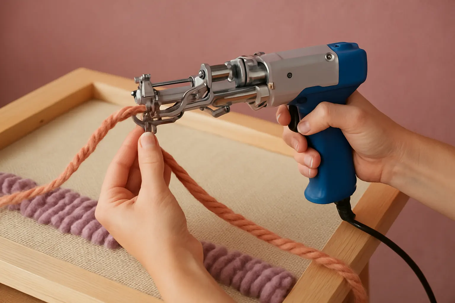 Illustration of step 4: Step 4: Check the yarn and needle relationship Confirm that the yarn sits in the prescribed position and that no slack hangs into moving parts.