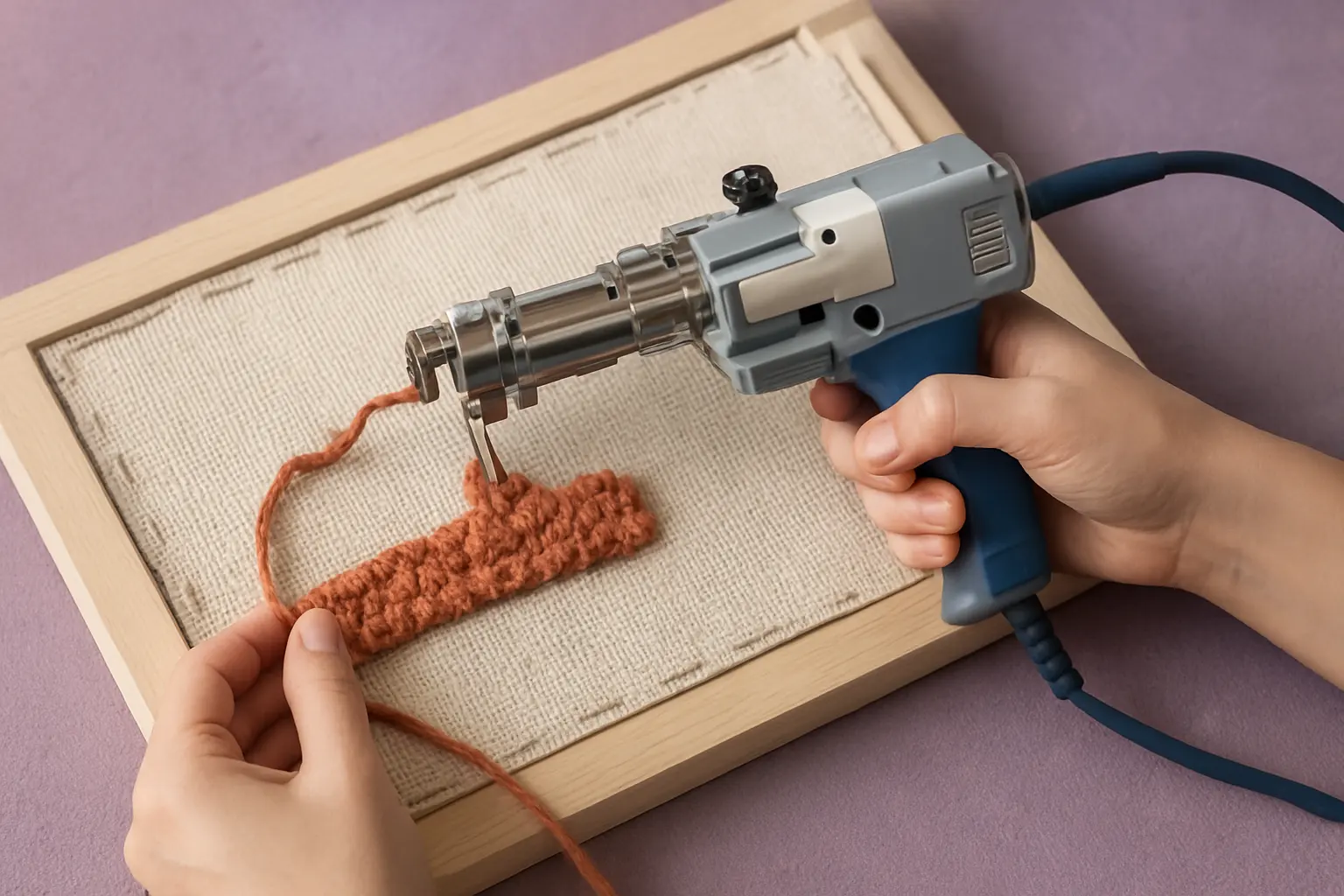 Illustration of step 5: Step 5: Test on scrap cloth Reconnect power only after clearing the needle area. Make slow, short passes and observe whether loops or cut tufts hold consistently.