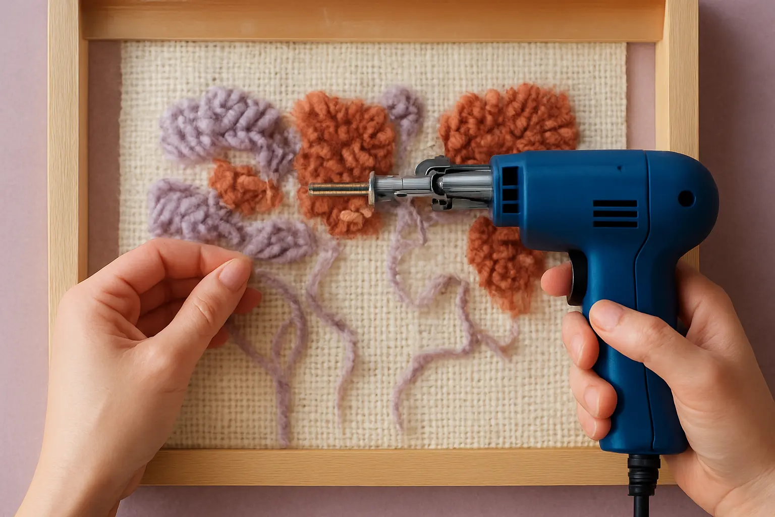 Illustration of step 1: Step 1: Inspect the back and remove loose strands With the gun unplugged, check the rear of the tufting cloth for gaps and loose yarn tails. Make small corrections before covering stitches.