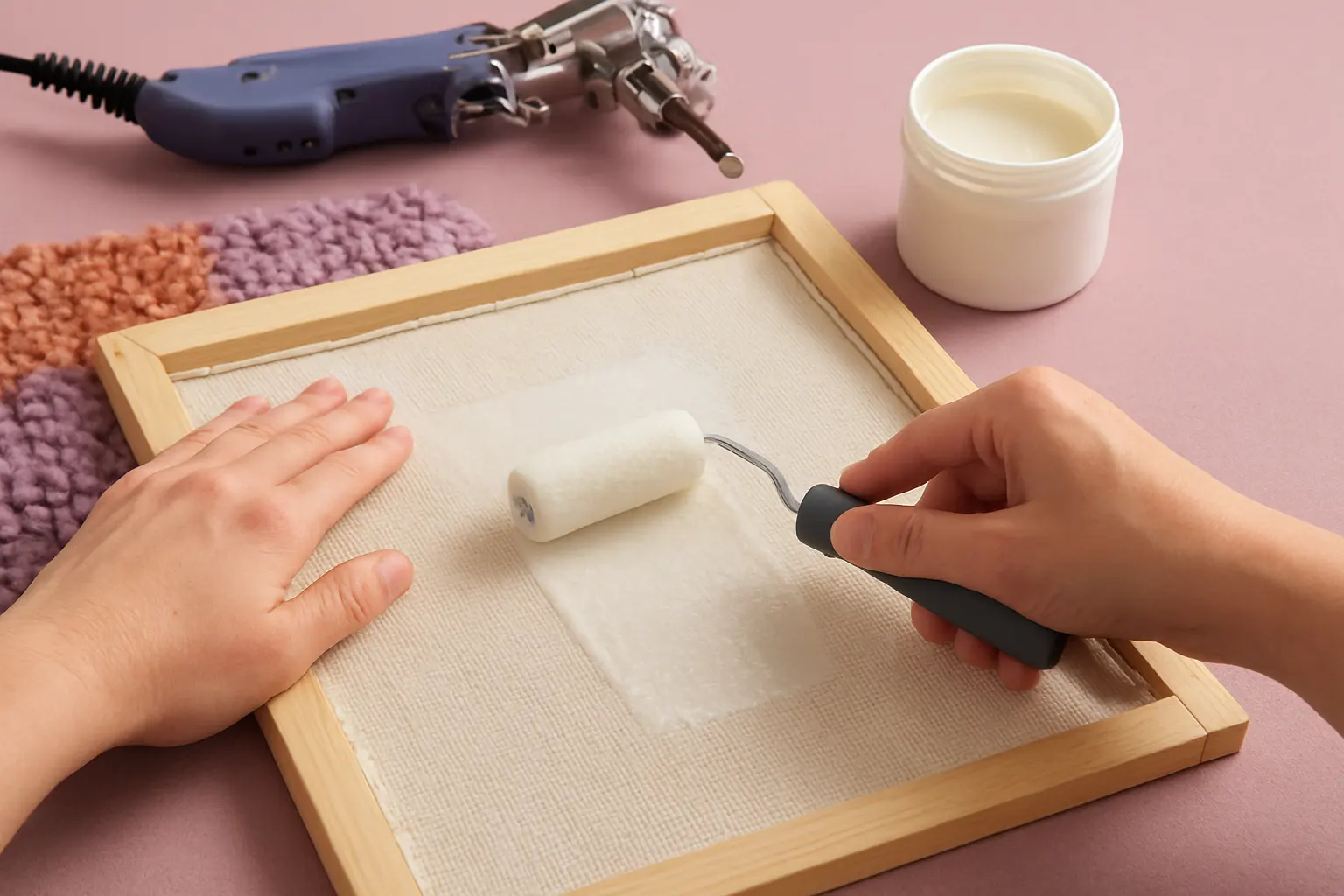 Illustration of step 3: Step 3: Prepare and apply the correct adhesive Mix or thin only if the product explicitly instructs it. Brush or roll an even layer onto the back while the tufted cloth remains tensioned.