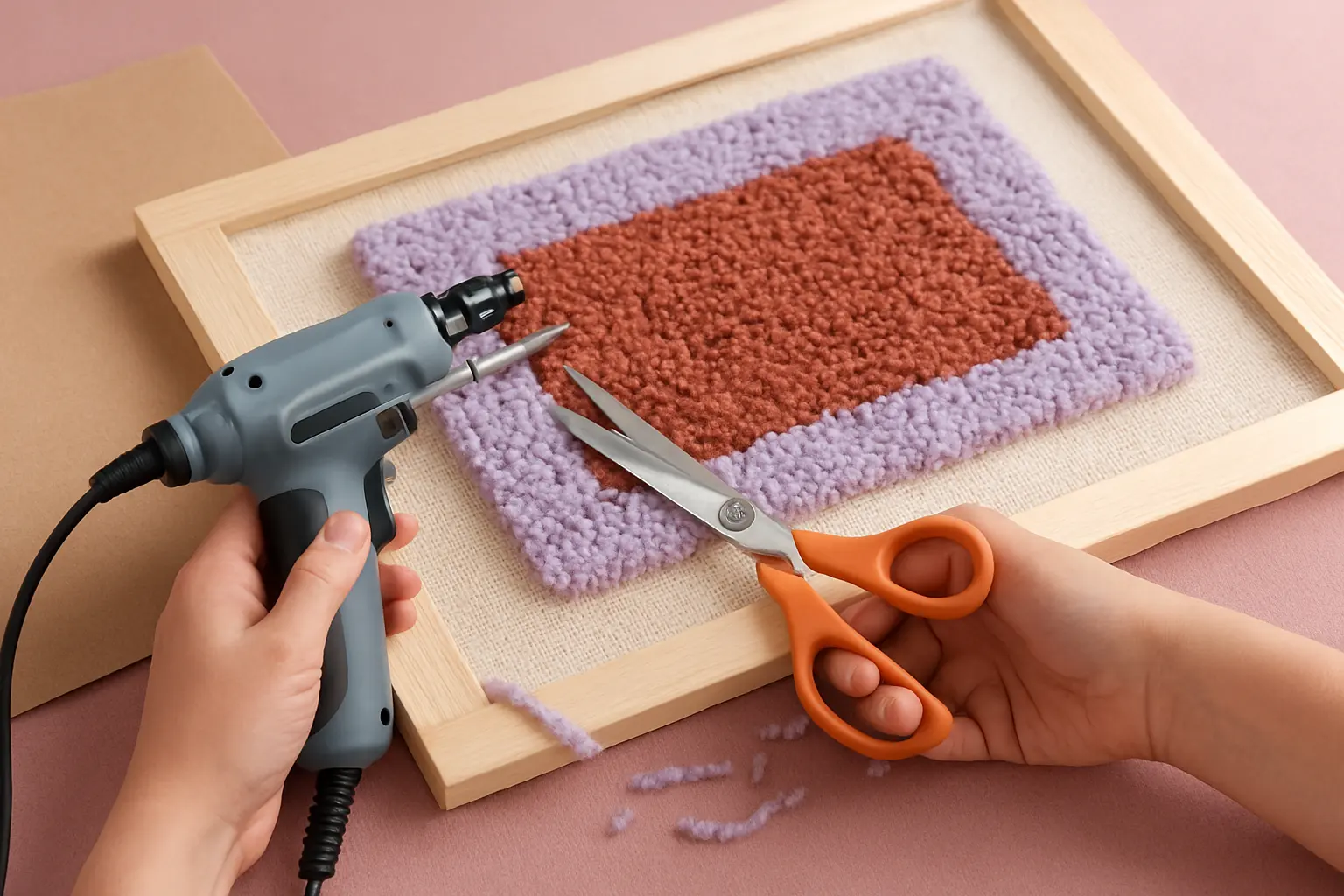 Illustration of step 5: Step 5: Trim margins and apply secondary backing Cut around the piece without damaging stitches. Choose backing suited to wall art or floor use, and secure according to the backing system instructions.