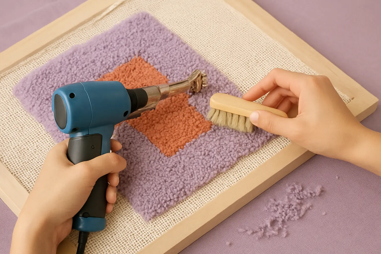 Illustration of step 6: Step 6: Carve and tidy cautiously On cut pile, trim tiny amounts first. Keep clipper blades guarded and remove loose yarn with a suitable brush or vacuum attachment.
