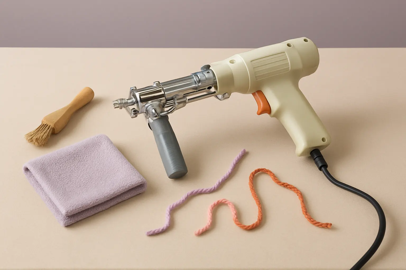 Illustration of step 1: A beginner workspace for tufting maintenance: an unplugged tufting gun resting on a clean tabletop beside a small brush, a soft cloth, and a few loose yarn strands, with no branding or close-up testing scene.