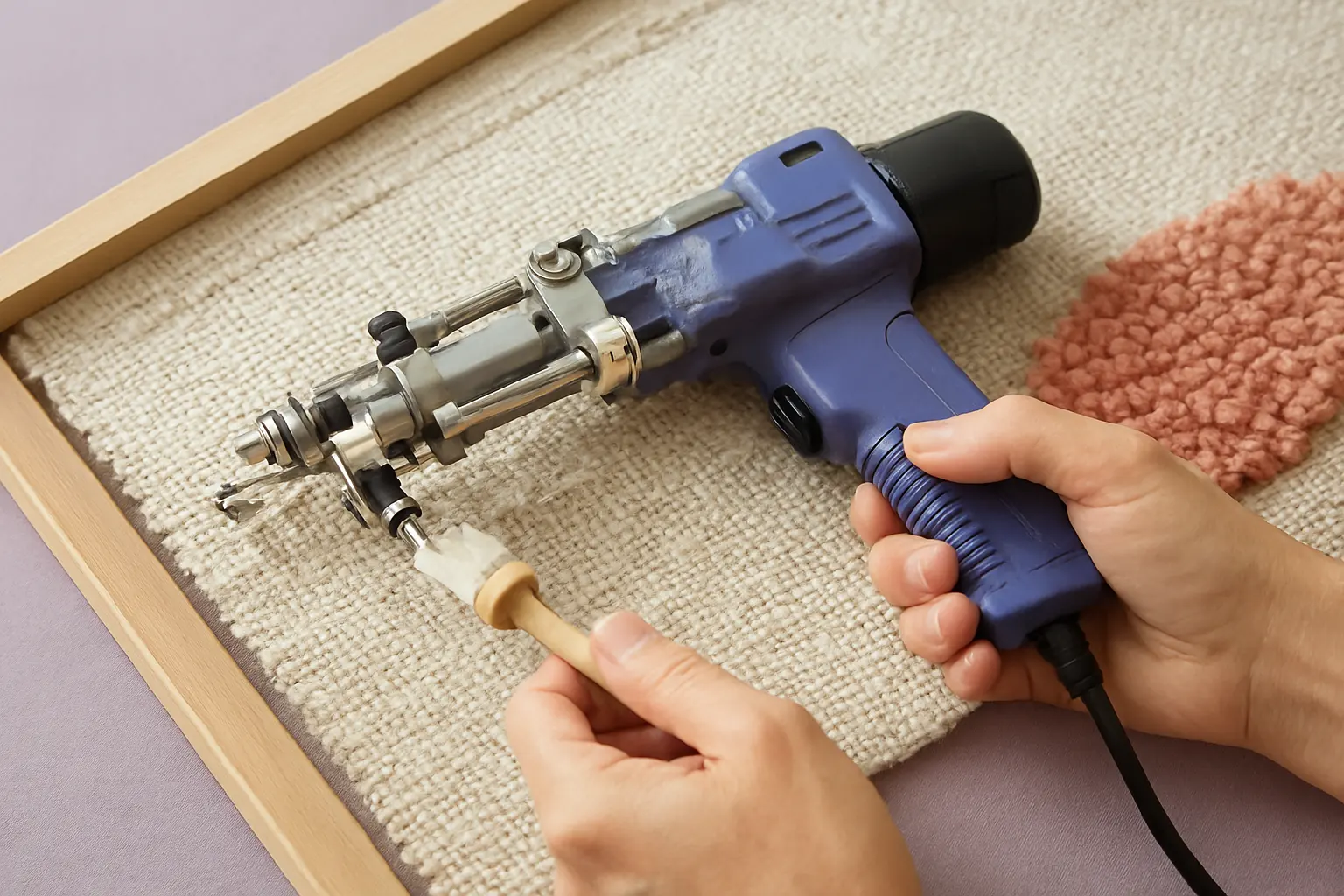 Illustration of step 2: Close tabletop illustration of a tufting gun being gently brushed around the needle housing and foot, with tiny lint fibers lifting away and a hand holding a small cleaning brush.