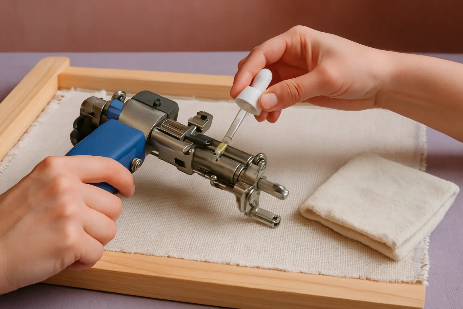 Illustration of step 3: A simple maintenance illustration showing a dropper placing a tiny amount of oil onto a visible metal joint on a tufting gun, with a clean rag nearby and no exaggerated fluid.