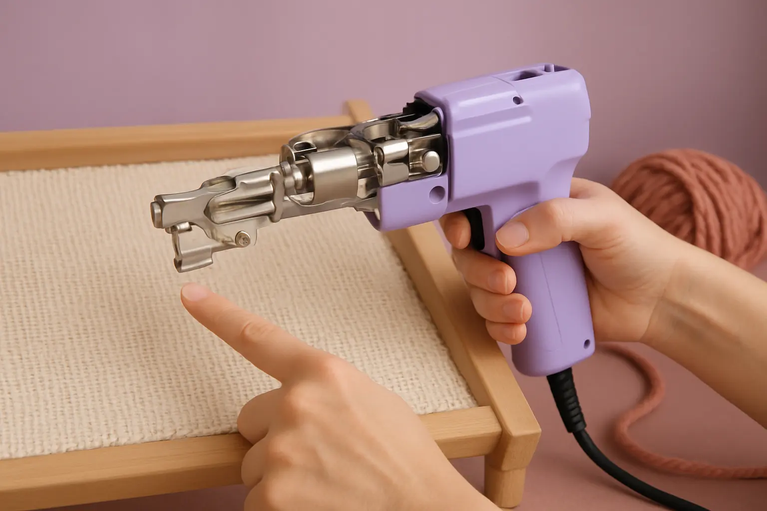 Illustration of step 4: A cautious, diagram-like illustration of a tufting gun’s front assembly with the scissors area highlighted softly, a hand pointing rather than touching, and no dramatic repair action.