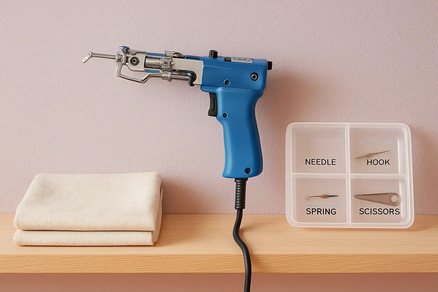 Illustration of step 5: A tidy storage scene with a cleaned tufting gun standing upright on a shelf in a dry craft room, with a folded cloth and labeled parts tray nearby.