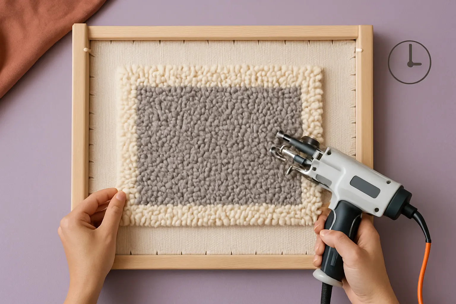 Illustration of step 1: A clean workshop illustration of a tufted rug stretched flat on a frame, with a highlighted perimeter and a simple drying-time icon nearby, no real brand names, no tools in motion, calm instructional style.