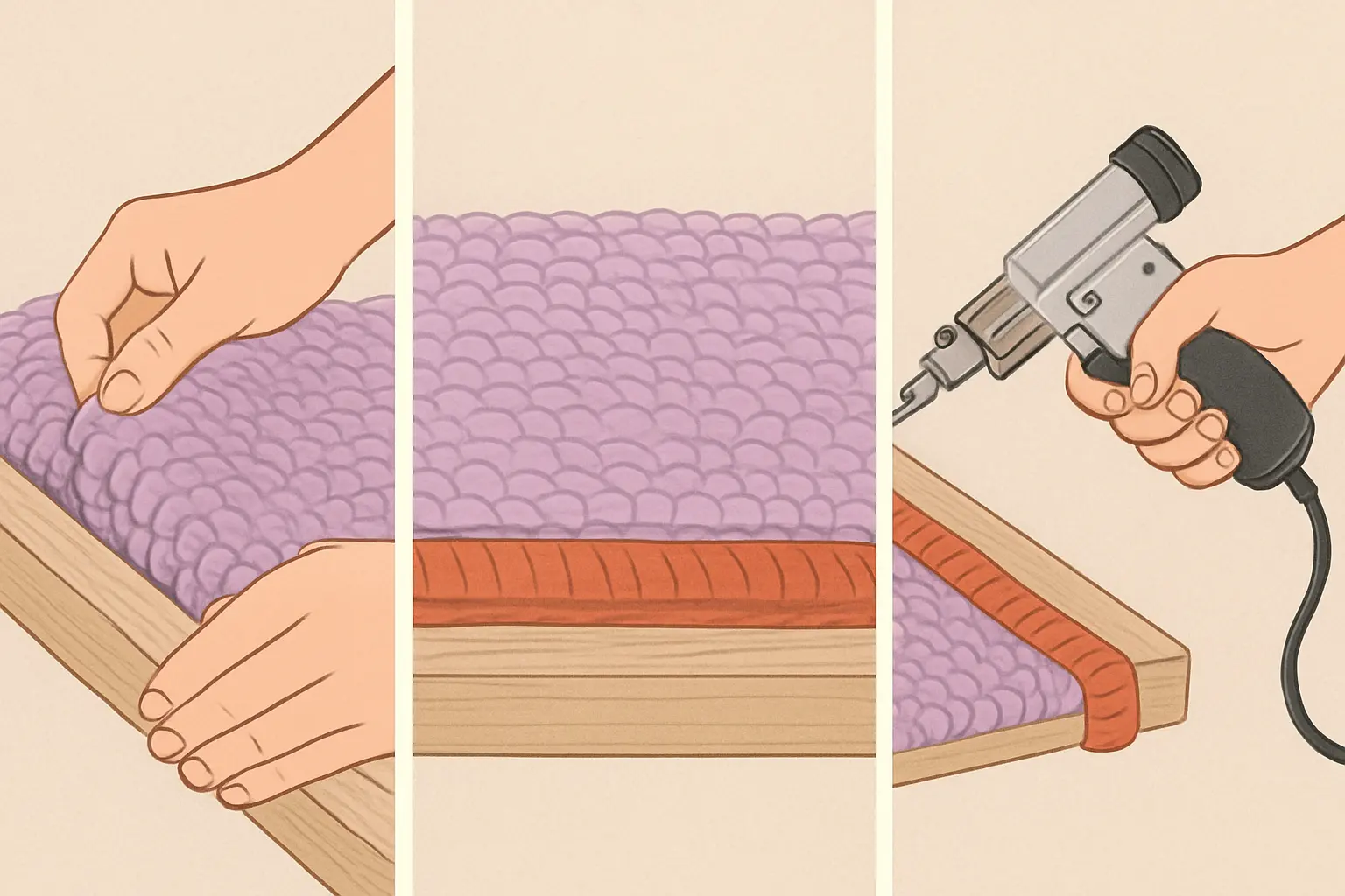 Illustration of step 3: Three-panel illustration showing a rug edge folded under, a rug edge wrapped with binding tape, and a rug edge being handled by a carpet-finishing shop icon, all as diagrammatic visuals rather than photographs.