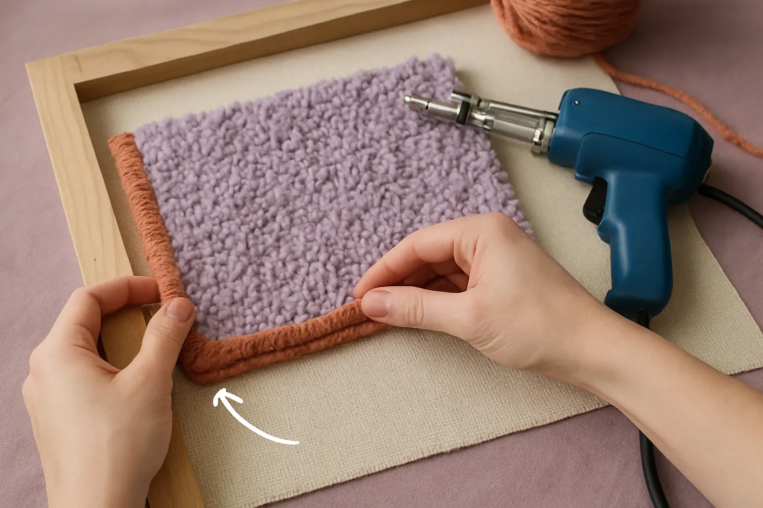 Illustration of step 4: Close instructional drawing of hands guiding a rug border flat against the back while the tufted face remains upright, with corner arrows showing gentle alignment and no harsh tools or brand-specific equipment.