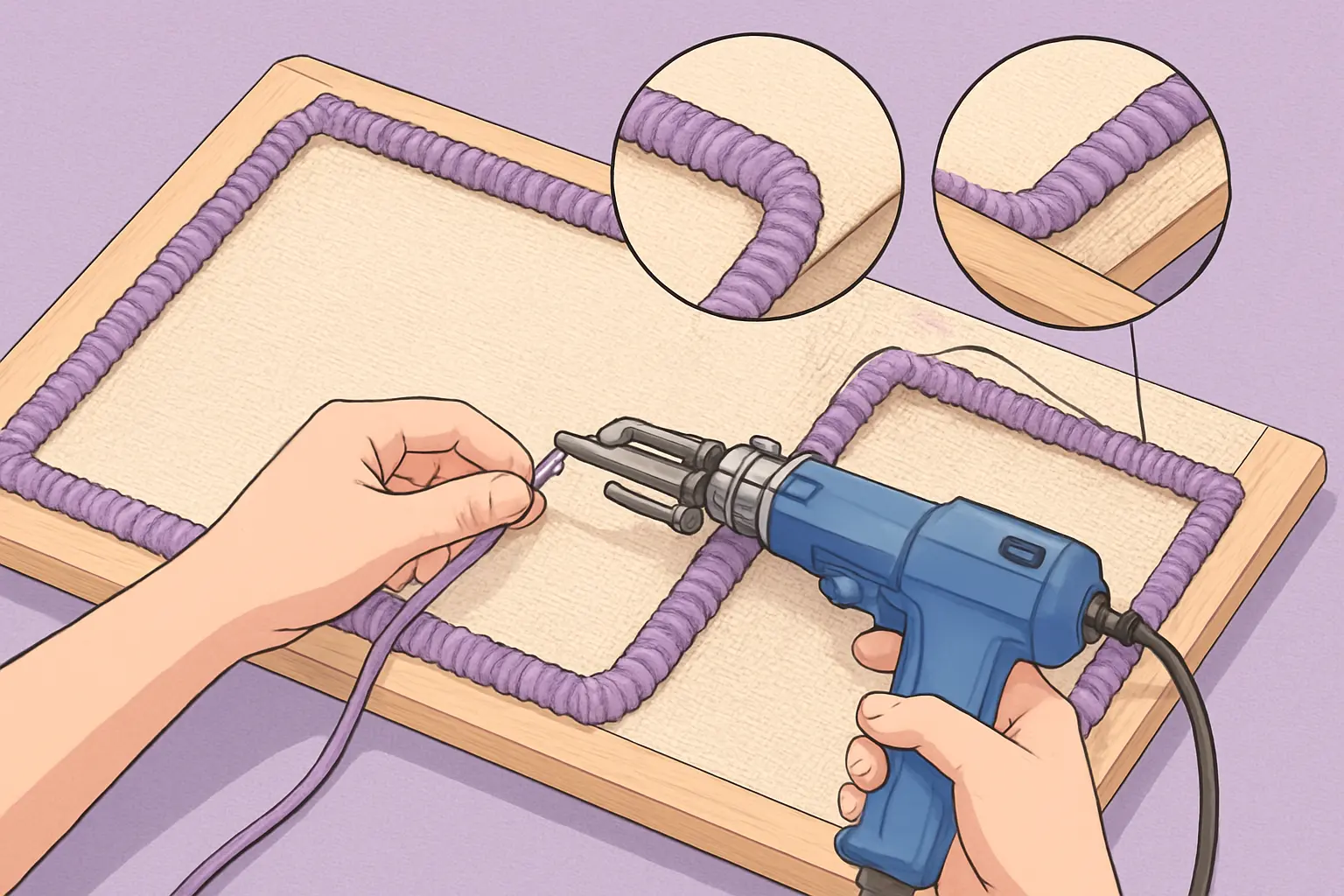 Illustration of step 5: Detailed diagram of rug corners and curved edges with magnified callouts pointing to stress points, showing neat perimeter construction and subtle reinforcement zones, in a clean technical illustration style.