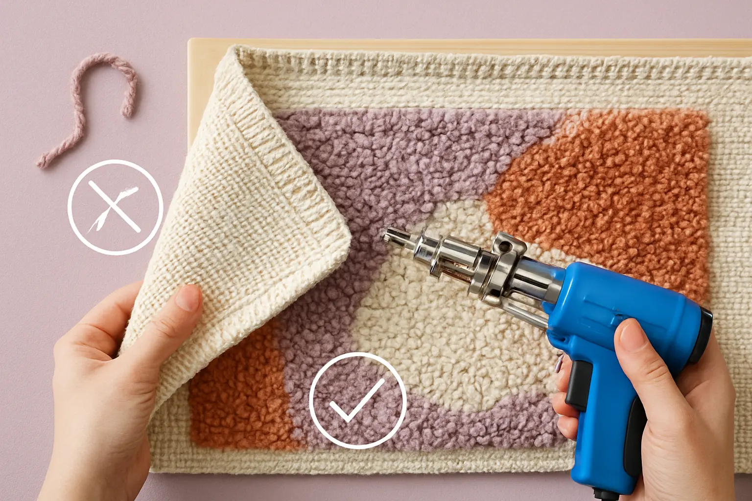 Illustration of step 6: A flat lay illustration of a finished tufted rug turned partly over, with the underside perimeter highlighted, small inspection icons for loose threads and clean corners, and no actual testing setup.