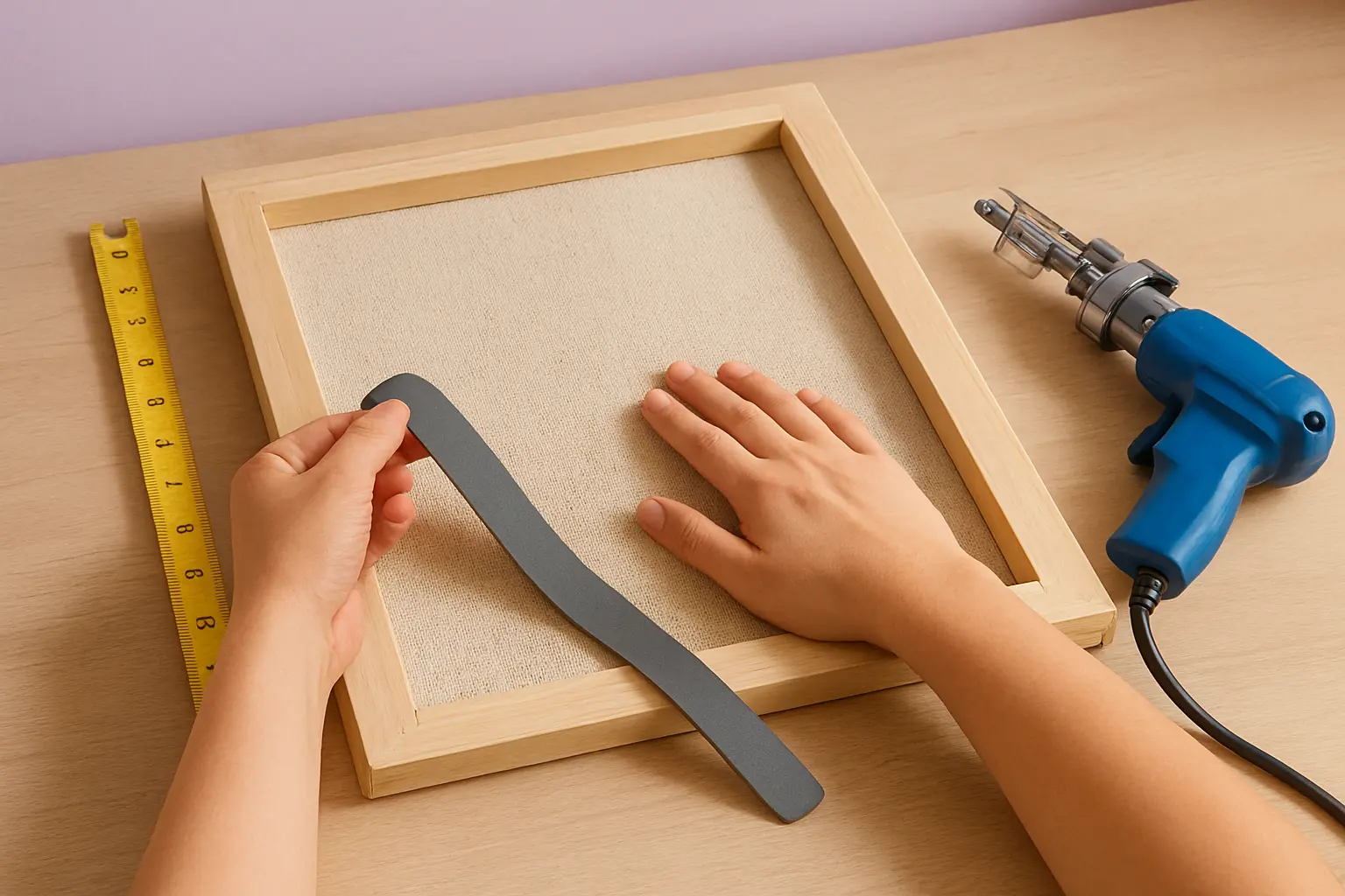 Illustration of step 1: A workshop tabletop tufting frame with a measuring tape, wood edge, and gripper strip held beside the frame for comparison, clean editorial illustration