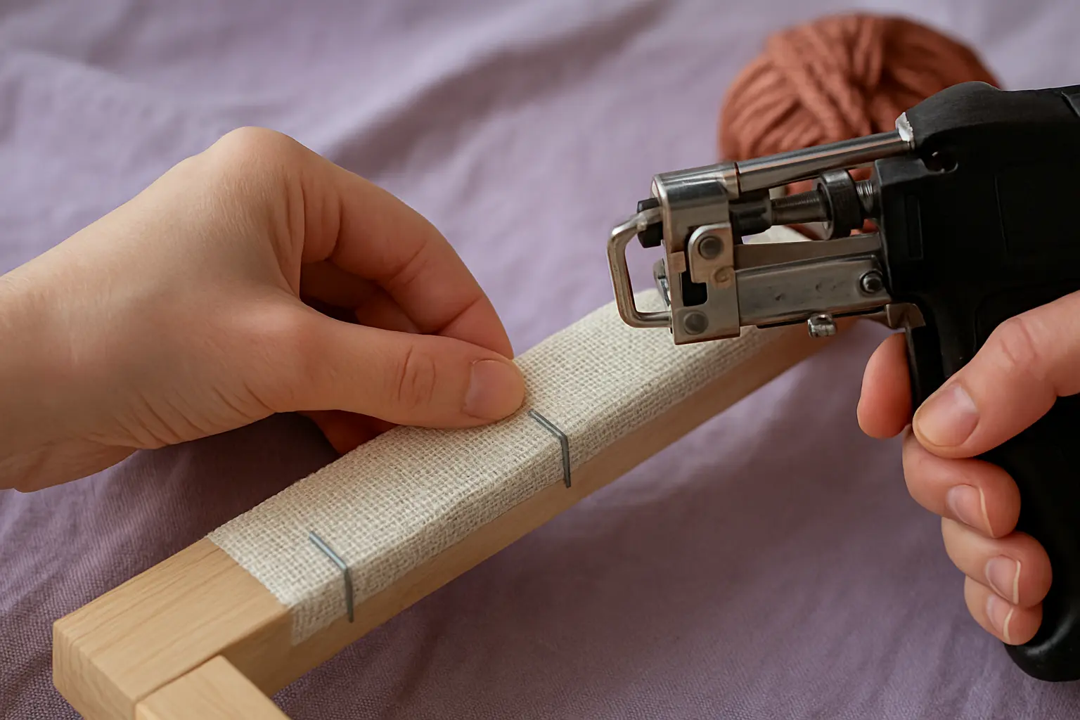 Illustration of step 2: Close-up of primary tufting cloth stretched over a frame edge with gripper pins catching the fabric, showing even tension and textile weave detail