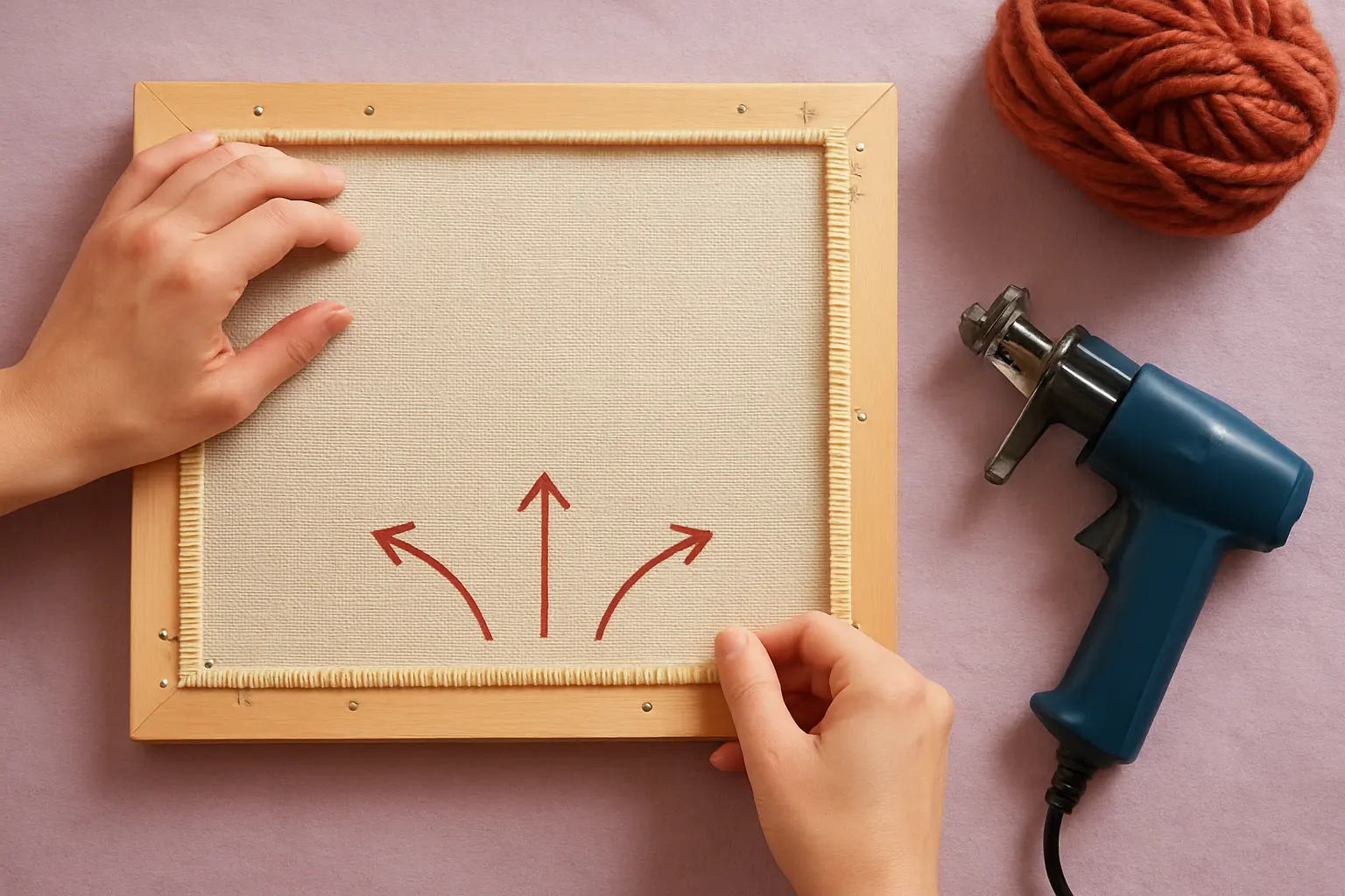 Illustration of step 3: Diagram-style illustration of gripper strips mounted around a rectangular frame, arrows showing pin direction away from the center