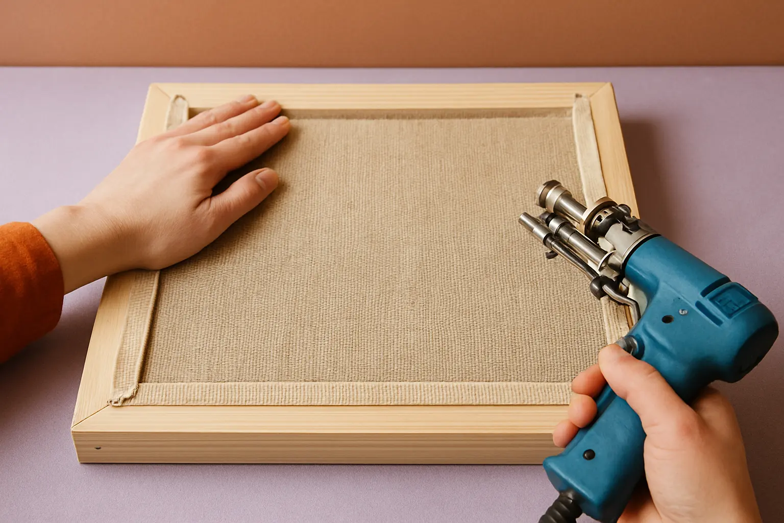 Illustration of step 4: Hands pressing a taut tufting cloth on a frame, with a visually tight drum-like surface and highlighted corners
