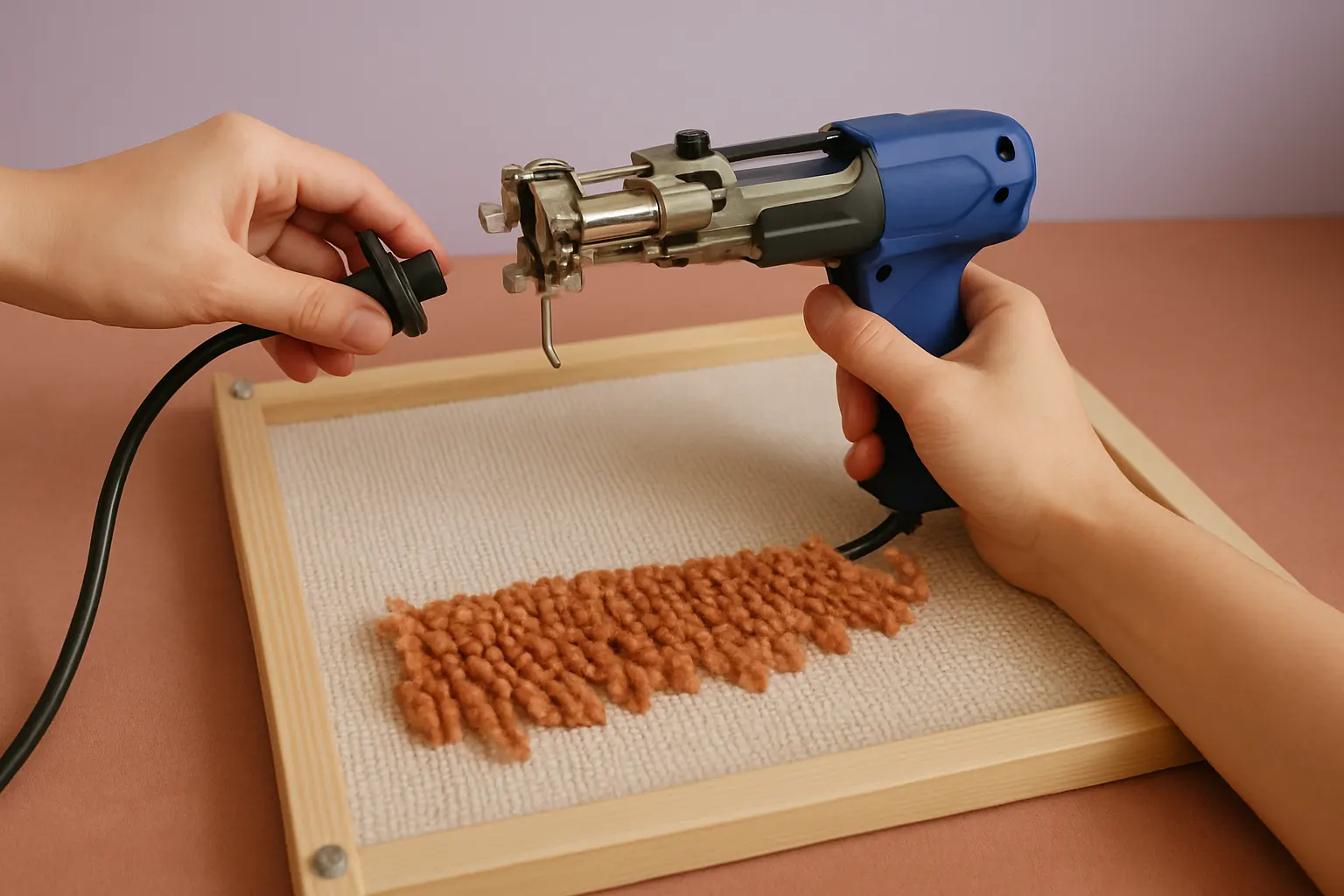 Illustration of step 3: Hands unplugging a tufting gun and then manually turning the mechanism by hand, safety-focused workshop diagram, no powered use