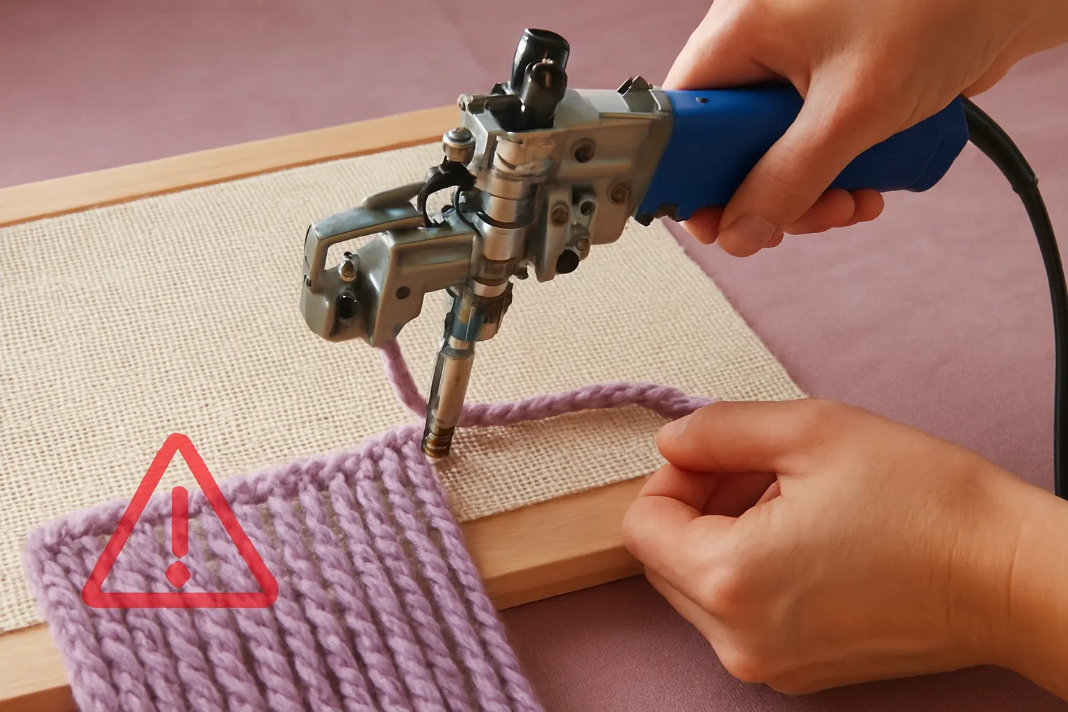Illustration of step 4: Macro view of yarn feeding through a tufting gun into cloth, with a visible clean cut on one strand and a jam warning icon nearby