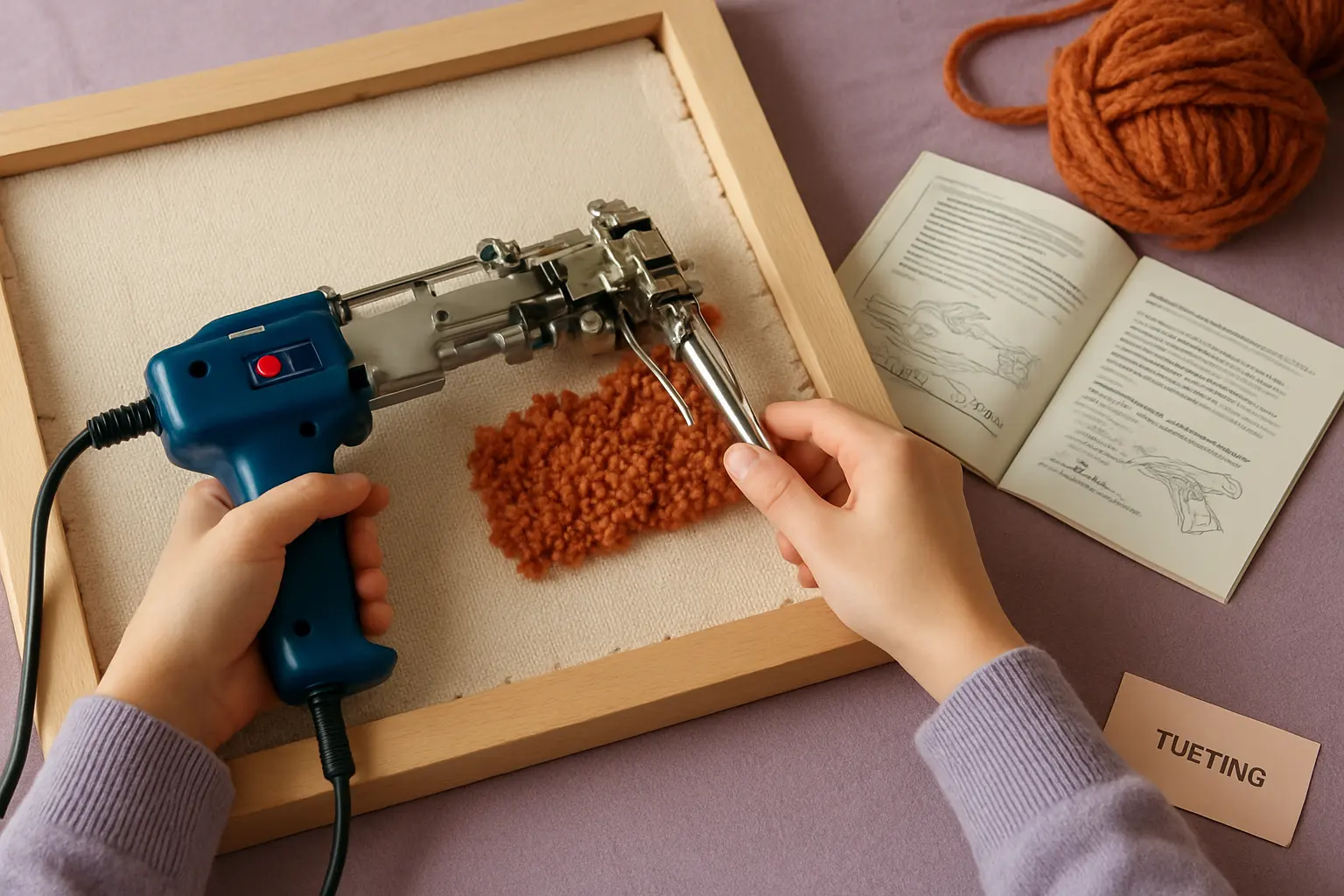 Illustration of step 5: Tufting gun with a visible jam alert, open manual beside it, and a support contact card, workshop bench scene