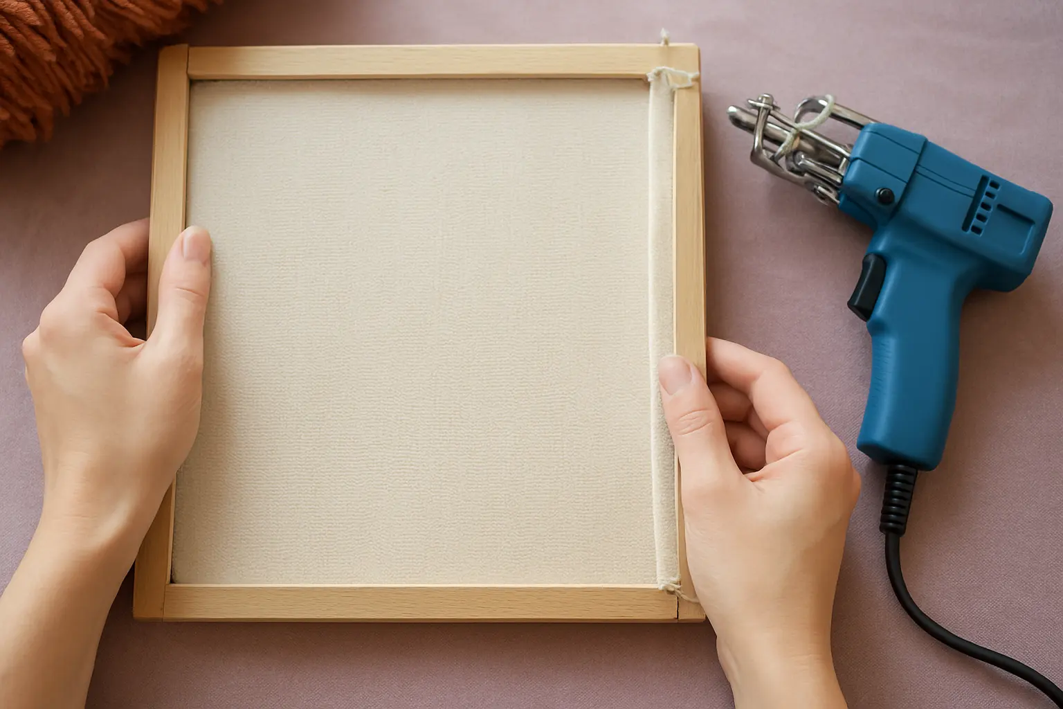 Illustration of step 2: Workshop scene with a tufting frame, stretched primary cloth, and hands checking tension at the corners, emphasizing a flat, taut surface.