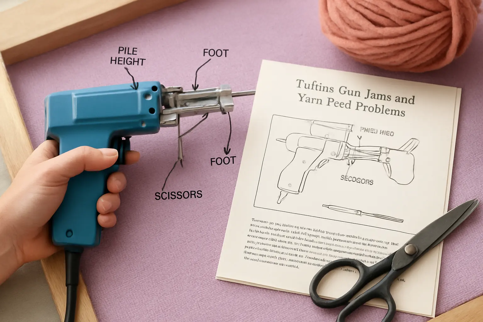Illustration of step 4: Annotated diagram of a tufting gun with labeled adjustment points for pile height, foot, and scissors, shown next to an open manual page.