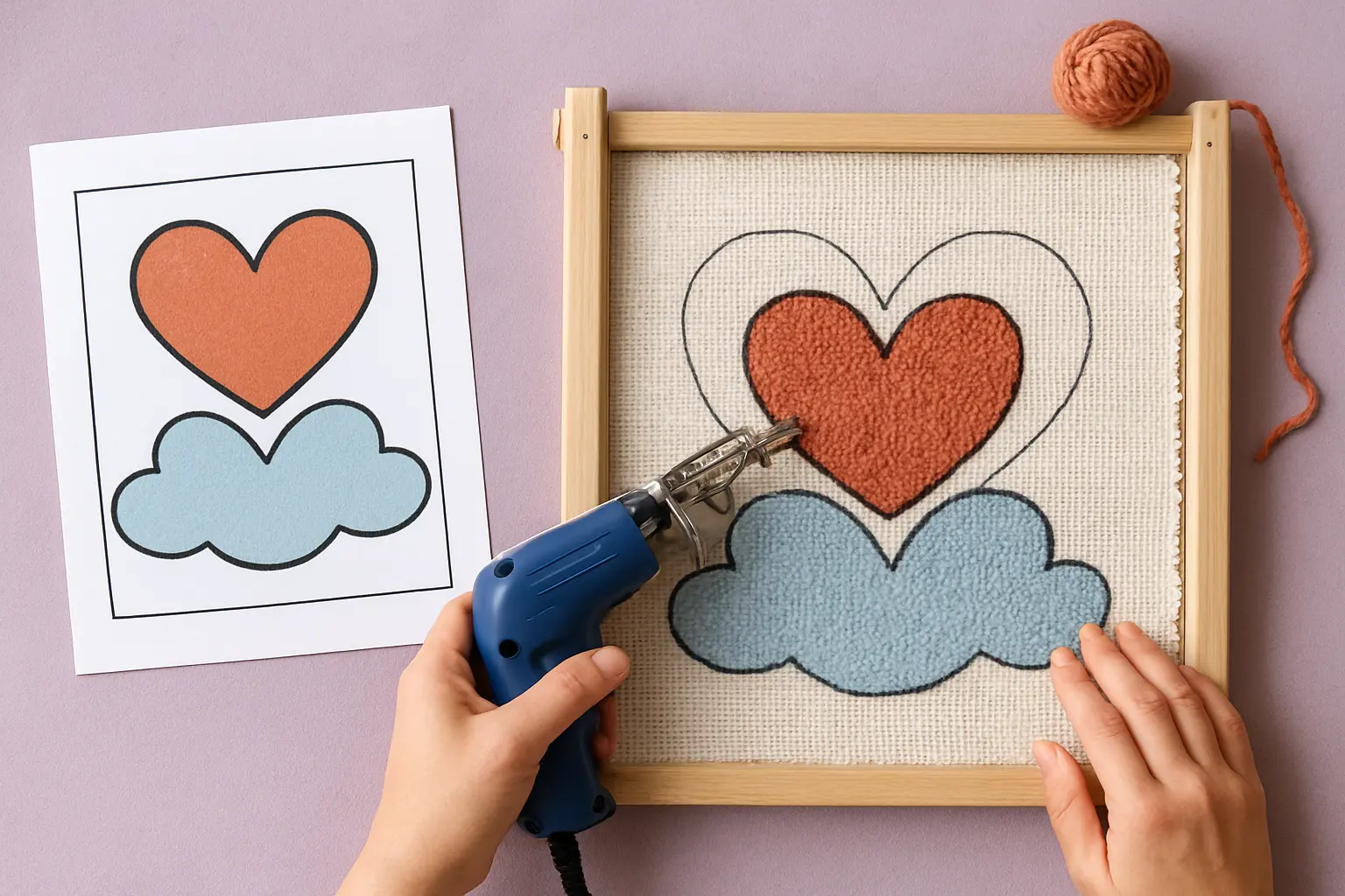 Illustration of step 1: Top-down craft illustration of a beginner rug design sheet showing a simple heart-and-cloud motif with thick outlines, large color blocks, and no tiny details, laid beside a tufting frame and traced cloth.
