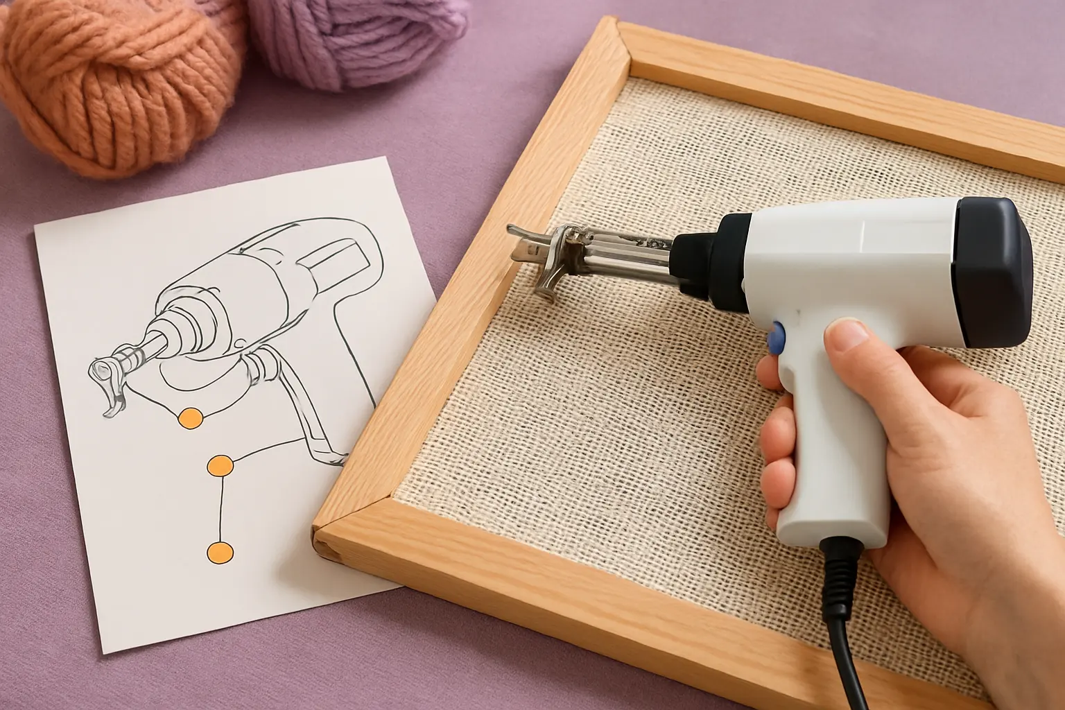 Illustration of step 2: Detailed workshop illustration of an instruction sheet beside a tufting gun, with the adjustment points highlighted and a hand referencing the manual before changing settings.