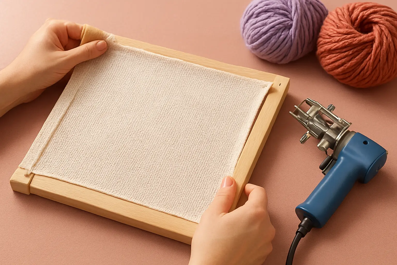 Illustration of step 3: Close-up illustration of primary tufting cloth stretched on a tabletop frame, with hands pulling the fabric evenly from all sides and the surface smooth and taut.