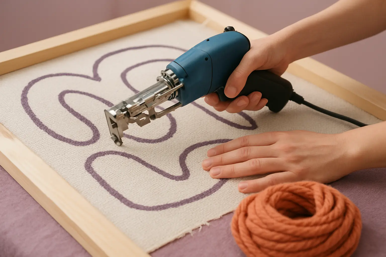 Illustration of step 4: Craft illustration of a simplified pattern traced in thick marker on tufting cloth, showing broad curves, wide outlines, and large separated sections.
