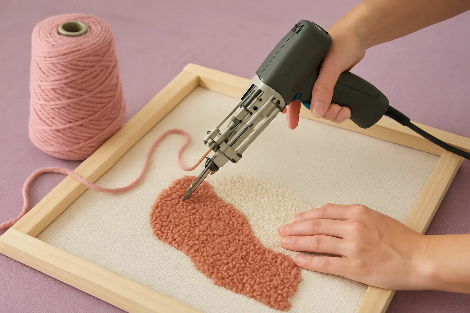 Illustration of step 5: Illustration of a tufting machine threaded with a single cone of yarn, with the yarn path clearly visible from cone to needle and a calm beginner setup on the frame.
