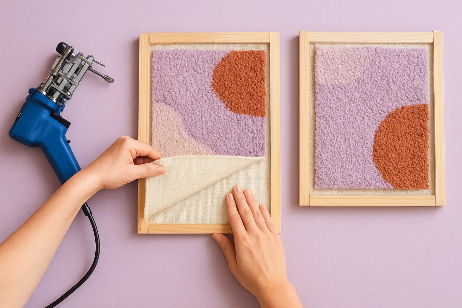 Illustration of step 6: Studio illustration of a finished tufted rug being backed with adhesive and a secondary backing cloth, with a floor rug version and a wall-hanging version shown side by side.